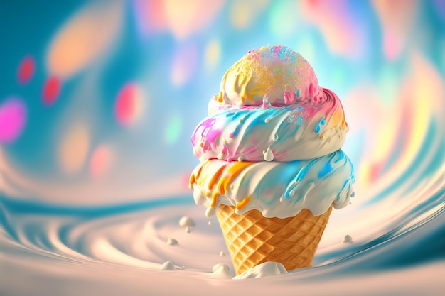 Cone de sorvete arco-íris closeup em um fundo de fantasia Ilustração generativa de IA