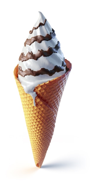 Cone de sorvete branco com cobertura de chocolate