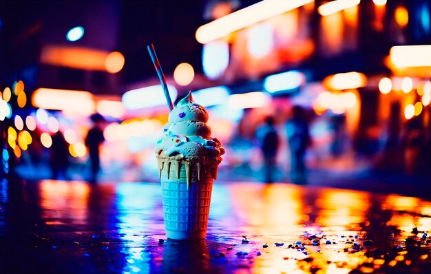 Foto cone de sorvete com fundo desfocado da rua da cidade noturna foco seletivo