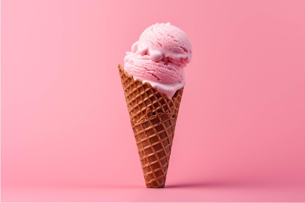 Cone de sorvete com sorvete rosa e branco em fundo azul