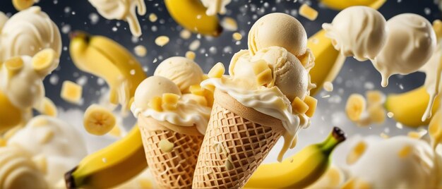 Foto cone de sorvete de banana caindo no ar com ingredientes