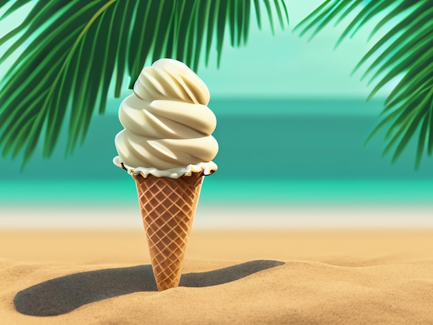 Cone de sorvete de baunilha em praia de palmeiras Poster publicitário vetorial com sorvete 3D realista em copo de waffle com