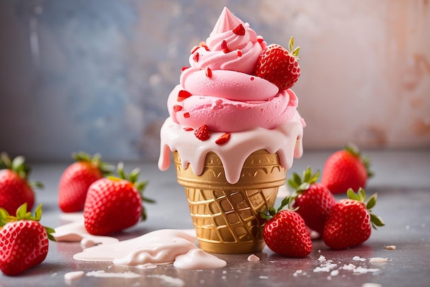 cone de sorvete doce com sorvete de morango sobremesa com doces coloridos