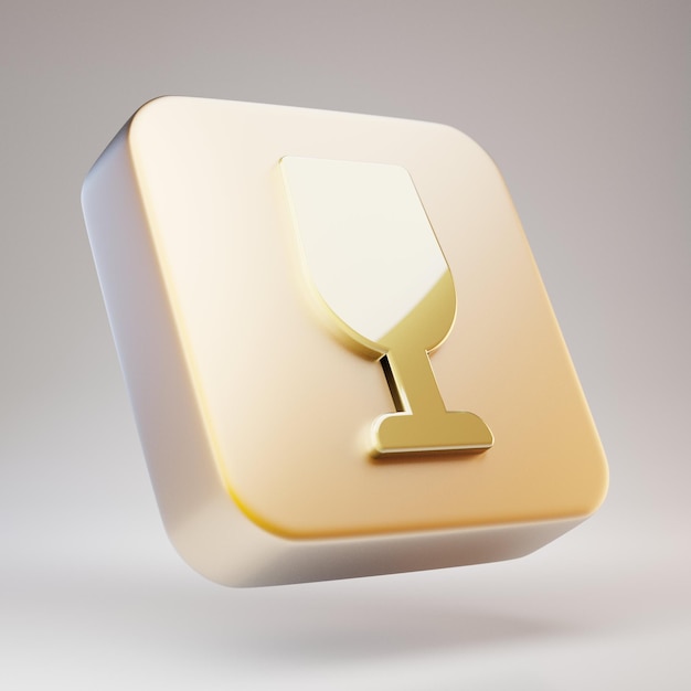 Ícone de taça de vinho. Símbolo do copo de vinho dourado na placa de ouro fosco. Ícone de mídia social renderizado 3D.