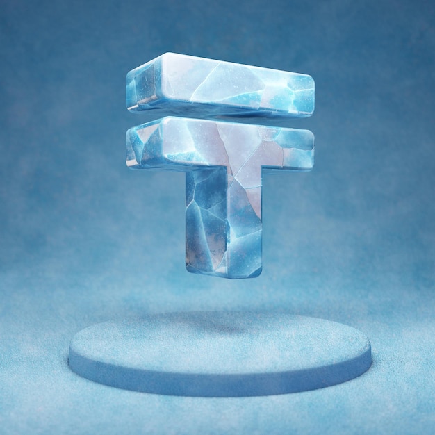 Ícone de Tenge. Símbolo de gelo azul rachado Tenge no pódio de neve azul. Ícone de mídia social para site, apresentação, elemento de modelo de design. Renderização 3D.