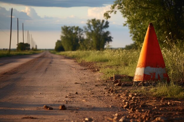 Cone de trânsito perto de um sinal de alerta em uma estrada de cascalho