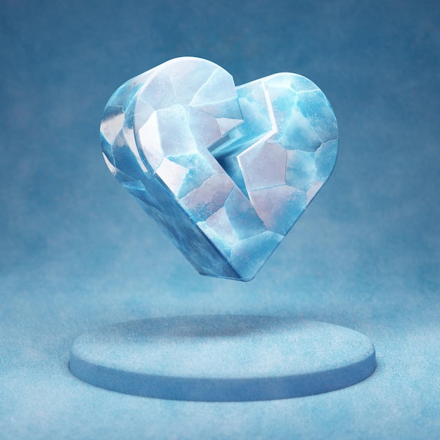 Ícone de um coração partido. Símbolo do coração quebrado de gelo azul rachado no pódio de neve azul. Ícone de mídia social para site, apresentação, elemento de modelo de design. Renderização 3D.