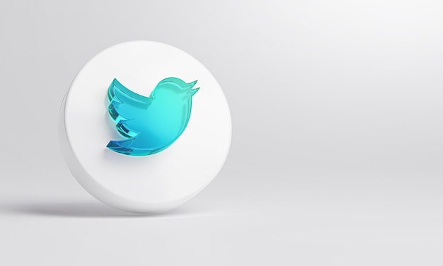 Ícone de vidro acrílico do Twitter em renderização 3D de fundo branco.