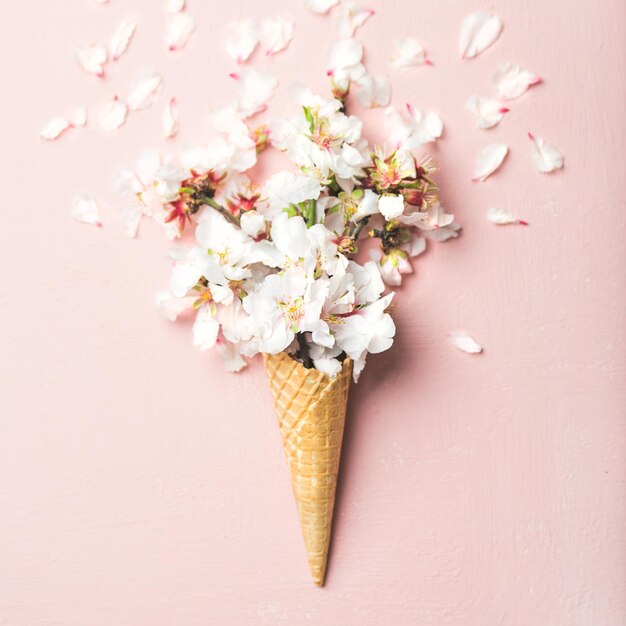 Cone de waffle com flores de amêndoas brancas