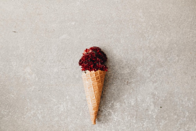 Cone de waffle com flores vermelhas frescas em um fundo cinza concreto Conceito minimalista