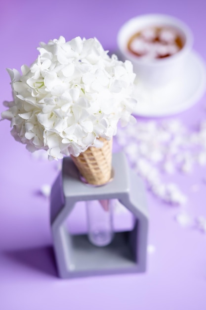 Cone de waffle com hortênsia em fundo roxo Delicada ainda vida com flores sorvete de flores Veri Peri cor da moda