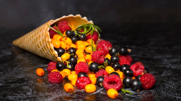 Cone de waffle recheado com diferentes frutas vermelhas, framboesas, groselha preta, espinheiro