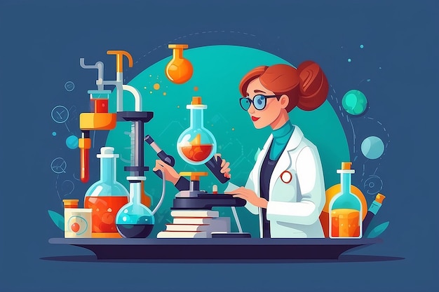 Ícone de web redondo de design plano na moda em personagem de cientista feminina no trabalho Design conceitual em química