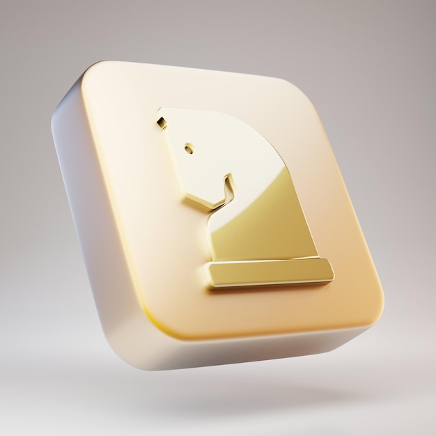 Ícone do cavaleiro de xadrez. Símbolo dourado do cavaleiro de xadrez na placa de ouro fosco. Ícone de mídia social renderizado 3D.