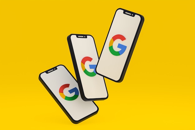 Ícone do Google na tela do smartphone ou renderização 3D do telefone móvel