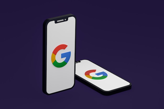 Ícone do Google na tela do smartphone ou renderização 3D do telefone móvel