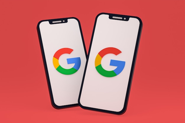 Ícone do Google na tela do smartphone ou renderização 3D do telefone móvel