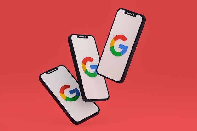 Ícone do Google na tela do smartphone ou renderização 3D do telefone móvel