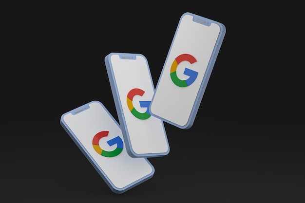 Ícone do Google na tela do smartphone ou renderização 3D do telefone móvel