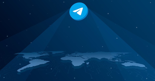 Ícone do logotipo do Telegram em todos os continentes do mapa mundial 3d