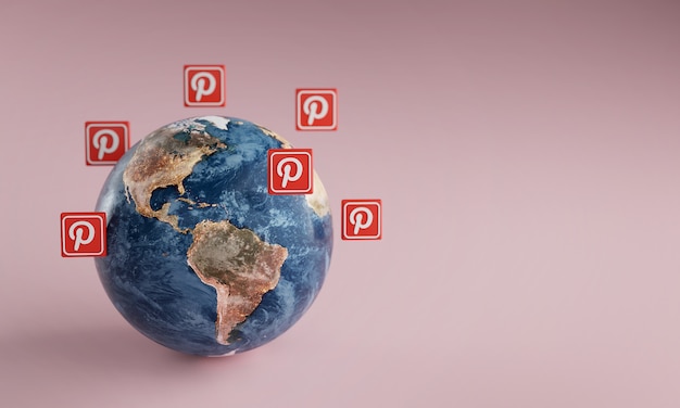 Ícone do logotipo Pinterest em torno da terra. Conceito de aplicativo popular.