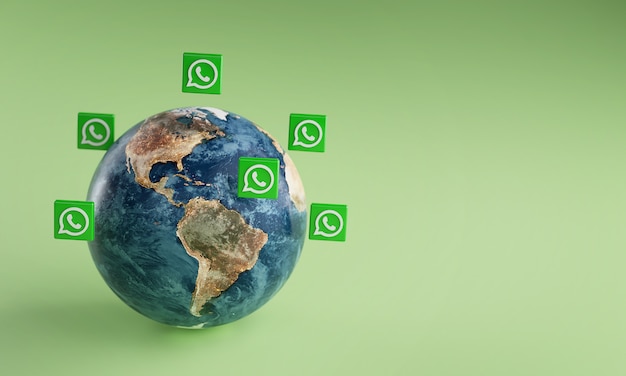 Ícone do logotipo WhatsApp em torno da terra. Conceito de aplicativo popular.