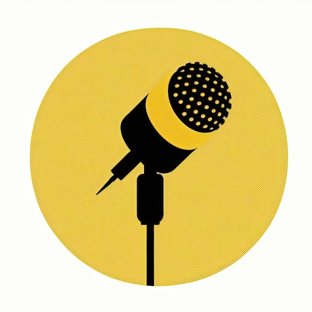 Ícone do microfone no círculo amarelo, logotipo do podcast, fundo branco. IA generativa