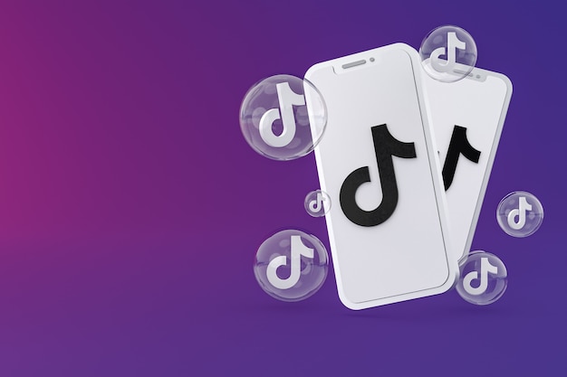 Ícone do Tiktok na tela do smartphone ou celular renderização 3D em fundo roxo