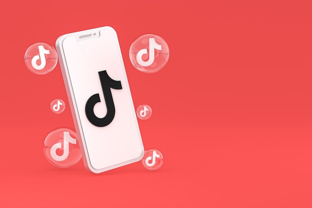 Ícone do Tiktok na tela do smartphone ou celular renderização 3D em fundo vermelho