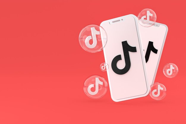 Ícone do Tiktok na tela do smartphone ou celular renderização 3D em fundo vermelho