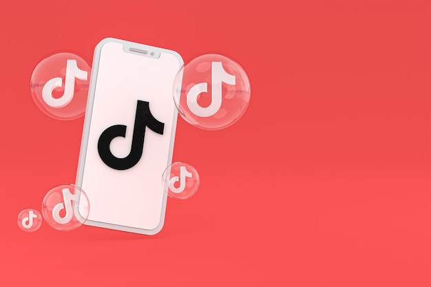 Ícone do Tiktok na tela do smartphone ou celular renderização 3D em fundo vermelho