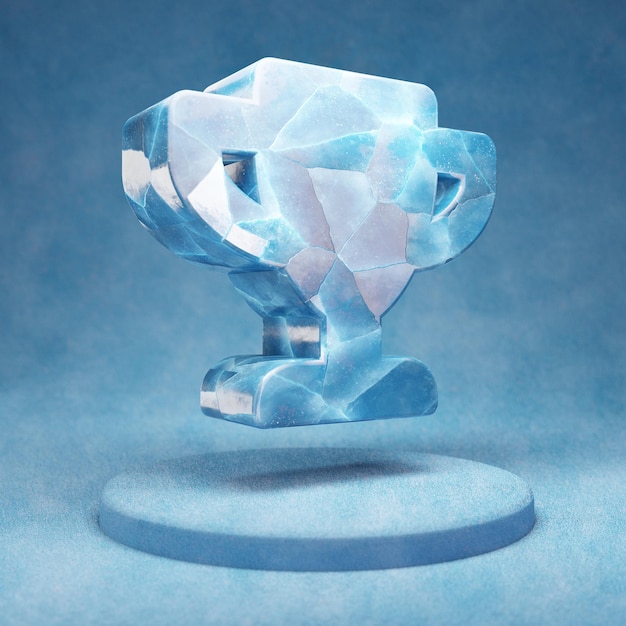 Ícone do troféu. Símbolo de troféu de gelo azul rachado no pódio de neve azul. Ícone de mídia social para site, apresentação, elemento de modelo de design. Renderização 3D.