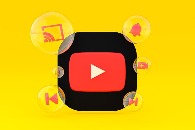 Ícone do Youtube na tela do smartphone ou renderização 3D do telefone móvel em fundo amarelo