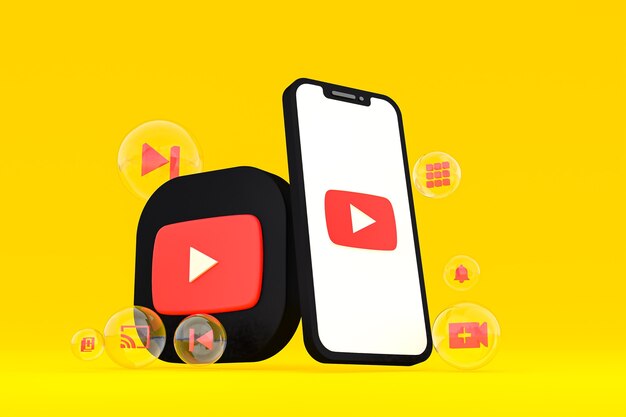 Ícone do Youtube na tela do smartphone ou renderização 3D do telefone móvel em fundo amarelo