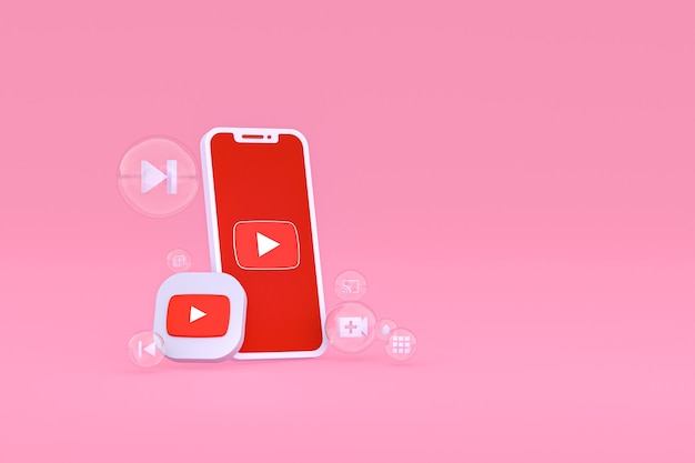 Ícone do Youtube na tela do smartphone ou renderização 3D do telefone móvel em fundo rosa