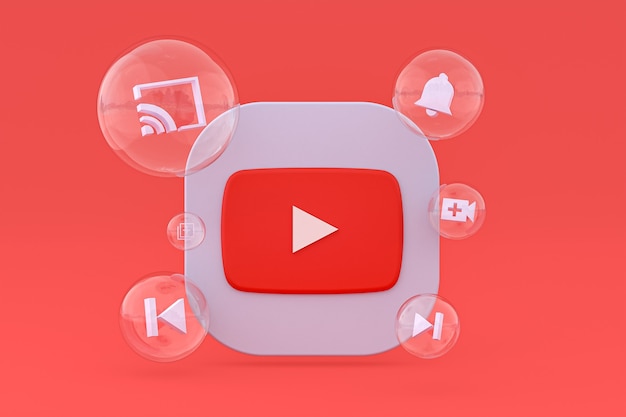 Ícone do Youtube na tela do smartphone ou renderização 3D do telefone móvel em fundo vermelho