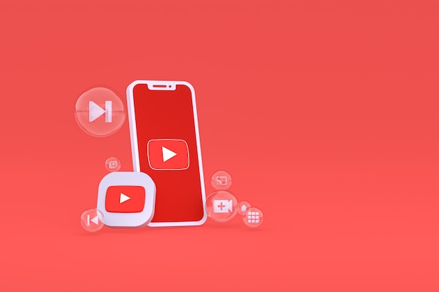 Ícone do Youtube na tela do smartphone ou renderização 3D do telefone móvel em fundo vermelho