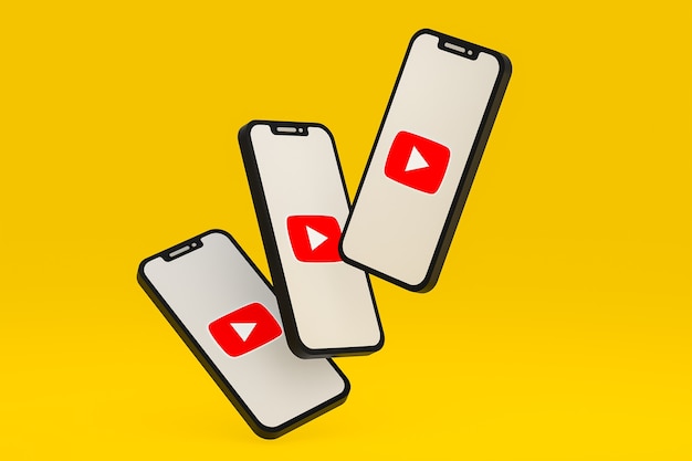 Ícone do Youtube na tela do smartphone ou renderização 3D do telefone móvel