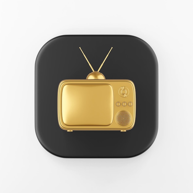 Ícone dourado da TV vintage. Botão chave quadrado preto de renderização 3D, elemento interface ui ux.