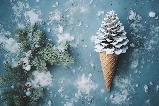 cone flatlay com árvore de Natal de neve e cone de pinheiro em fundo texturizado