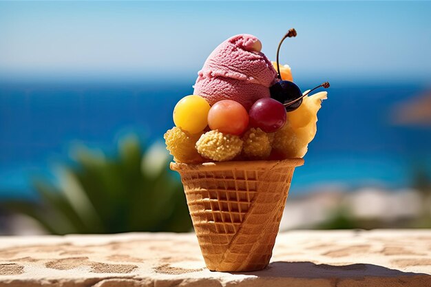 Cone de frutas y helados con IA generativa de Ocean View