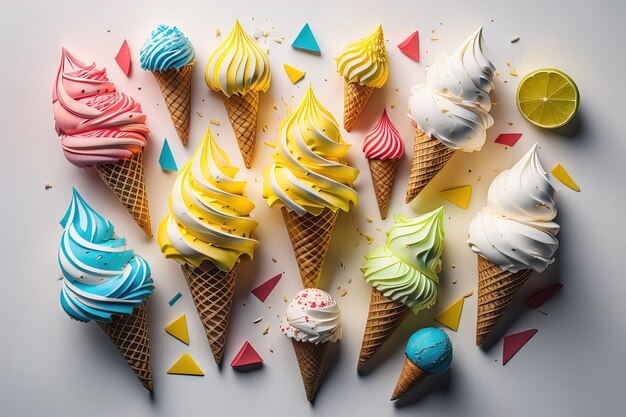 Foto cone de helado de colores sobre fondo blanco vista superior de la capa plana generativa ai