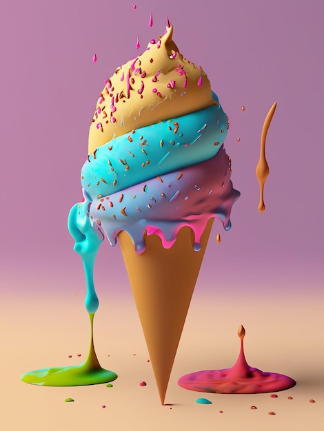 Cone de helado con gotas multicolores que fluyen en un fondo pastel renderización 3D