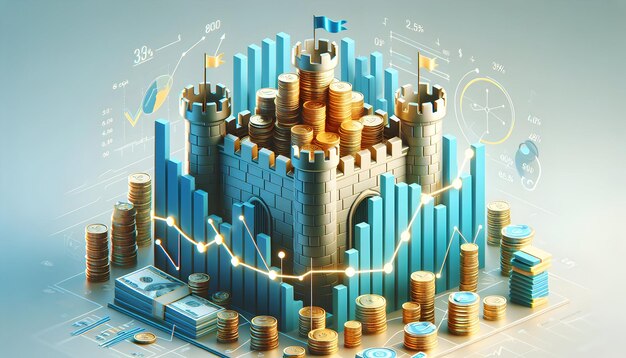 Ícone plano 3D como Banner da Fortaleza Financeira com uma fortaleza feita de moedas e gráficos simbolizando finanças