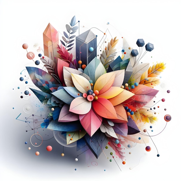 Ícone plano 3D como Fusão Floral como Uma mistura abstrata de flores de aquarela com formas geométricas