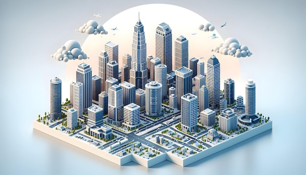 Ícone plano 3D como High Rise Views Mostrando as impressionantes vistas da paisagem urbana de edifícios de escritórios em