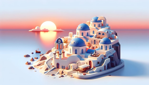 Ícone plano 3D como Santorini Sunsets Grécia Santorini onde os pôr do sol pintam o céu acima da cúpula azul icônica
