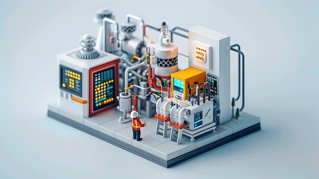 Ícone plano 3D de engenheiro elétrico desenvolvendo sistema de automação industrial para racionalizar a produção