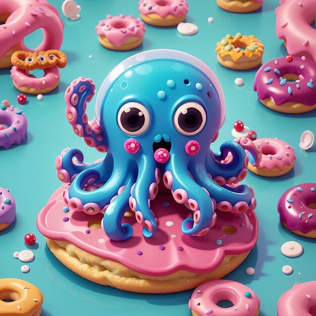 Ícone vetorial de desenho animado de polvo bonito comendo donut Ilustração Ícone de alimento animal conceito isolado estilo de desenho ilustrado de vetor plano premium