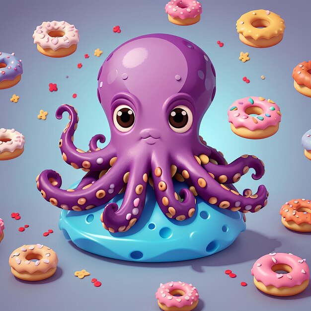 Ícone vetorial de desenho animado de polvo bonito comendo donut Ilustração Ícone de alimento animal conceito isolado estilo de desenho ilustrado de vetor plano premium